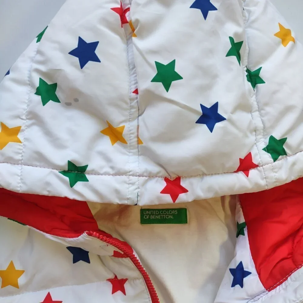United Colors Benetton Girl's Puffer Jacket Full Zip Multicolor Stars Sz 3-4 Yrs